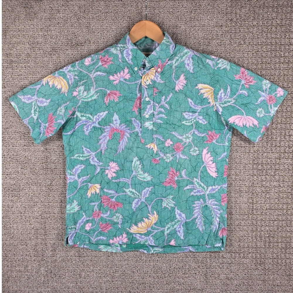 Vintage 60s/70s Reyn Spooner Hawaiian Mens Floral Batik Pullover Polo‎ Shirt XL